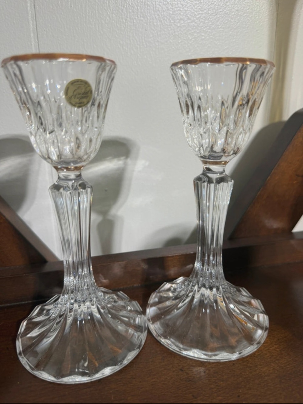 Crystal Candle Holders with Gold Trim - Pair